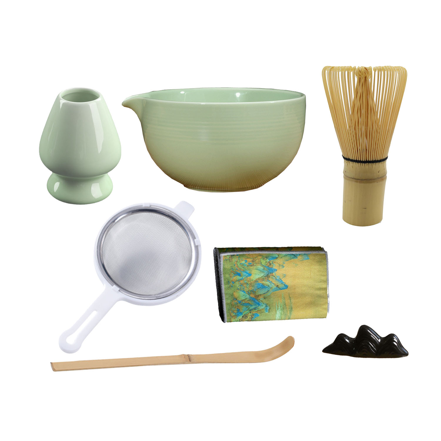 (7-tlg. Set) Keramik Matcha Tee Kit Japanisches Teezeremonie Zubehör mit Chasen Rührbesen / Schale / Halter / Löffel - Mint