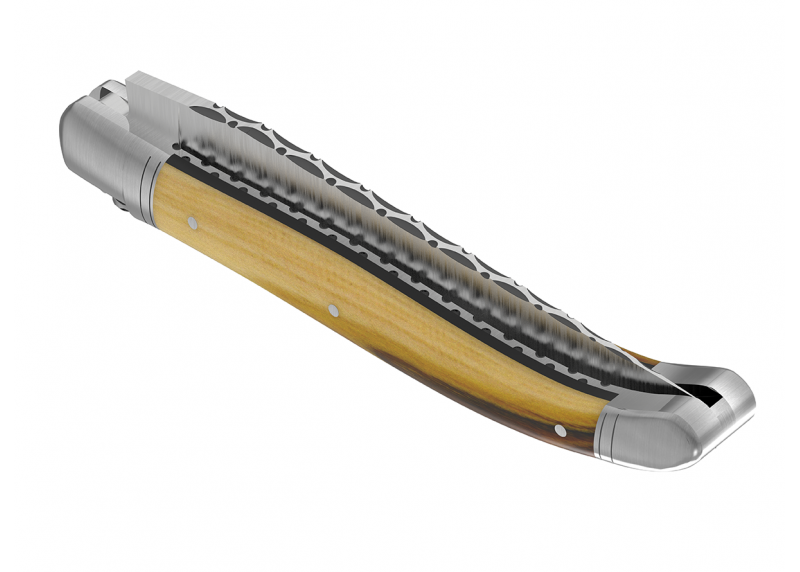 Couteau Laguiole prestige avec un manche en bois de pistachier et mitres en acier inoxydable