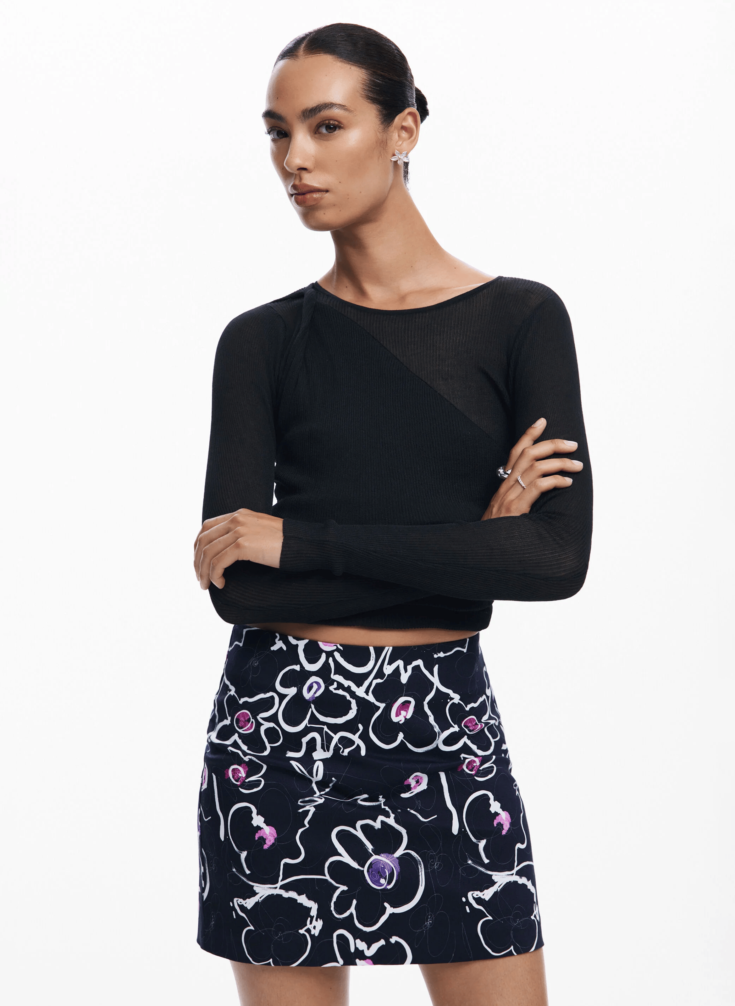 Minijupe avec motif de fleurs en coton mélangé | Bleu
