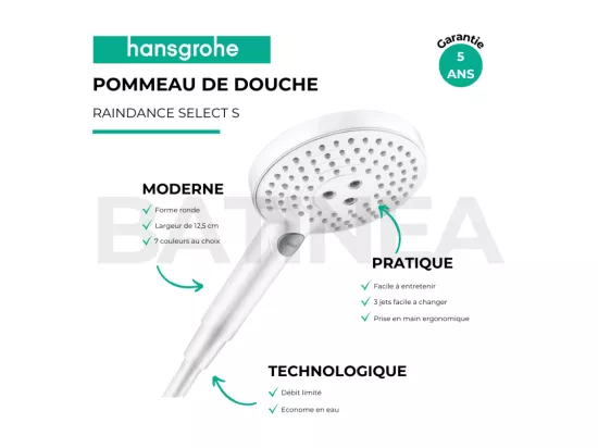 Pommeau de douche HANSGROHE Raindance Select S EcoSmart 120 3 jets blanc mat + flexible de douche HANSGROHE Designflex 200 cm blanc mat