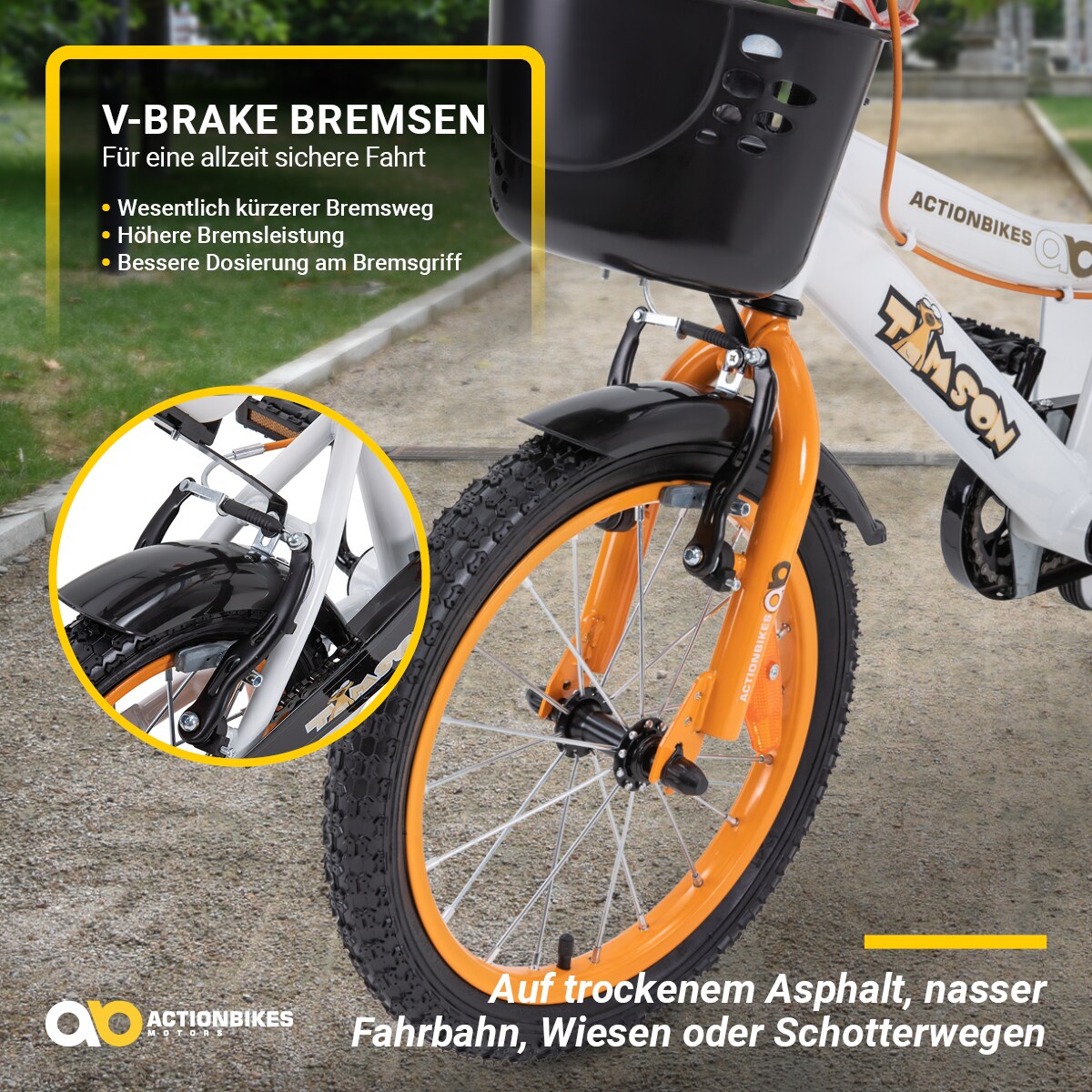 Actionbikes Kinderfahrrad Timson 16 Zoll, V-Brake-Bremsen, höhenverstellbar, Stützräder, Korb
