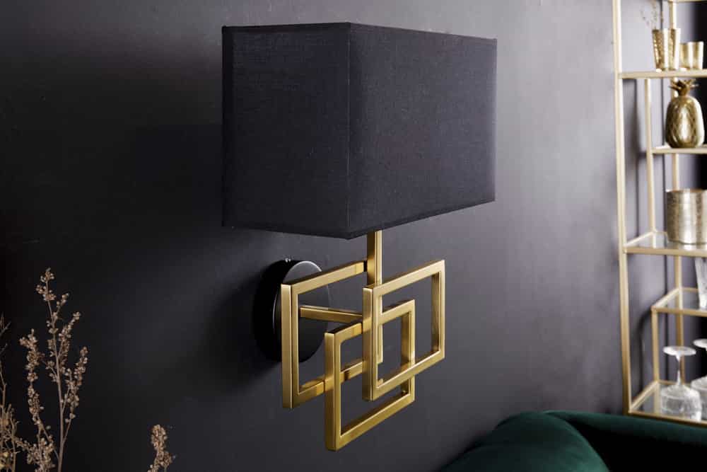 Moderne Wandleuchte ATLANTIS 44cm gold Stoffschirm schwarz Lampe