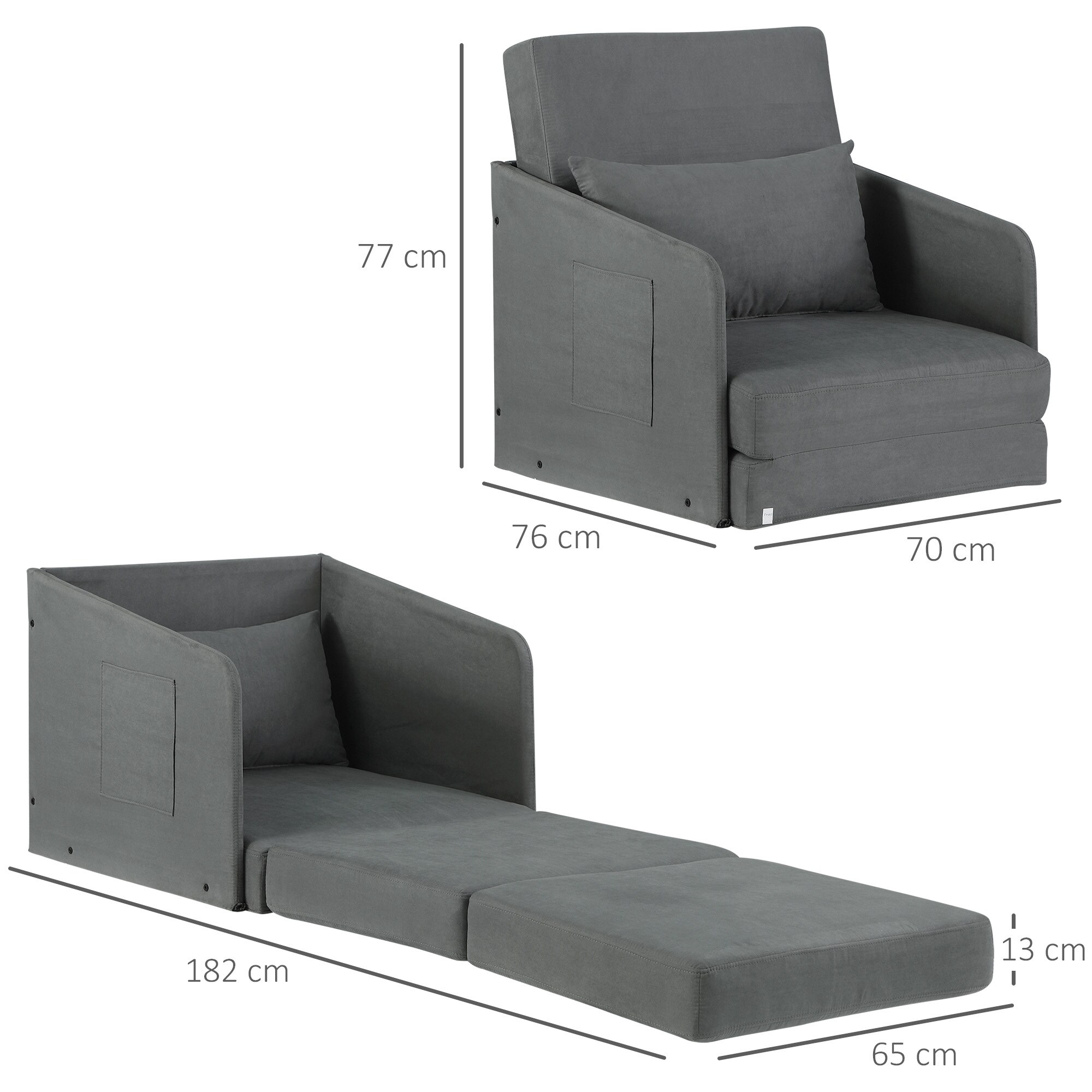 HOMCOM Klappbarer Schlafsessel mit 2 Seitentaschen grau 70 x 74 x 78 cm (BxTxH)