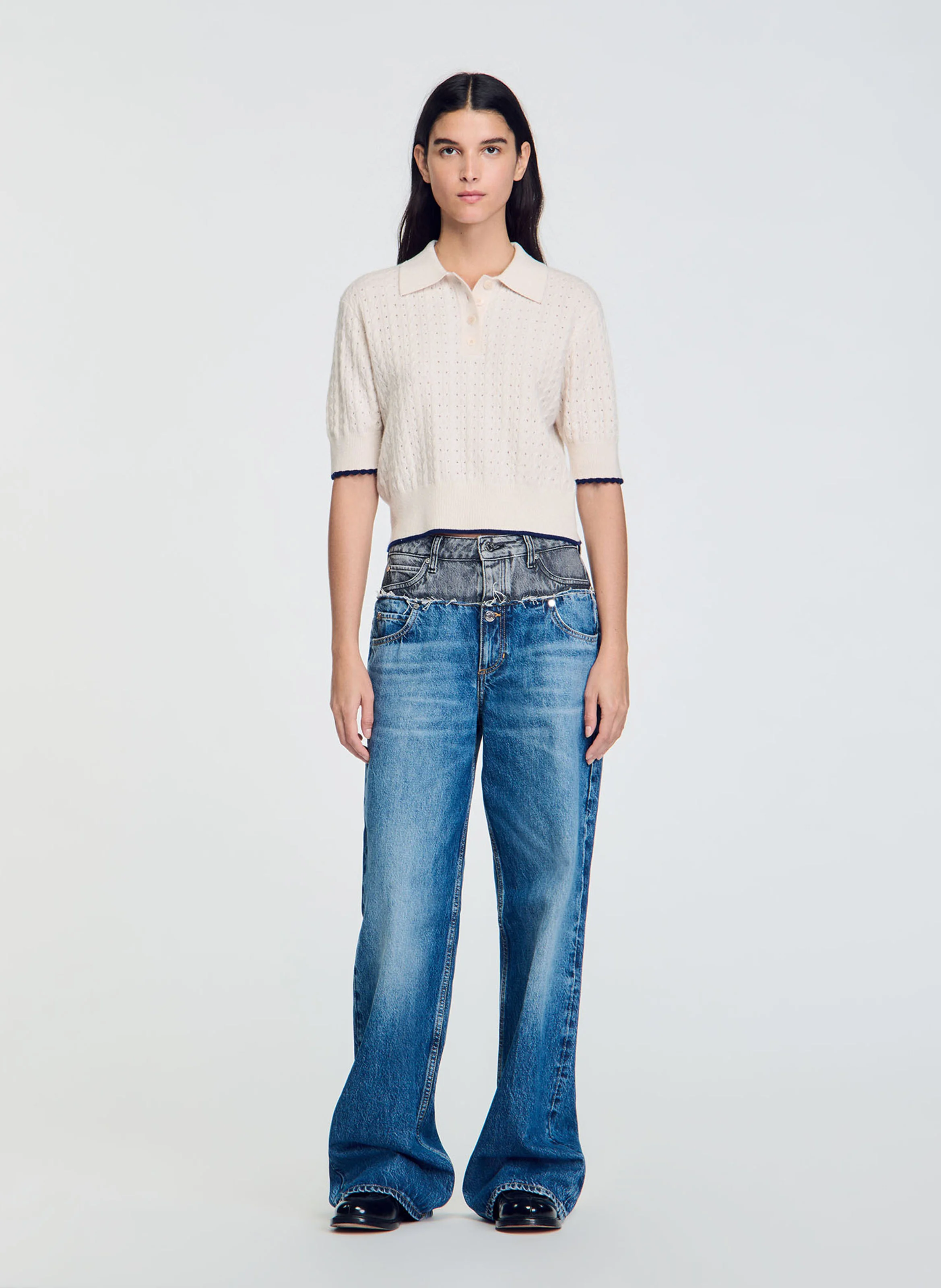 Pull court maille pointelle en laine et cachemire | Blanc