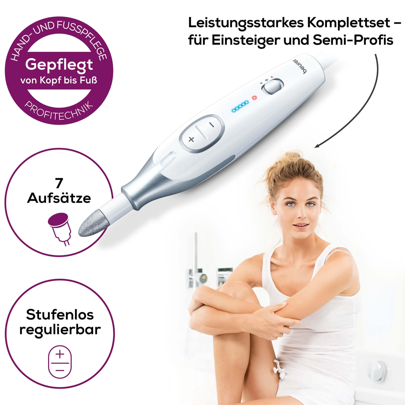 MP 42 (7in1) Elektrische Nagelfräse Nagelpflege Polierwerkzeug Maniküre Pediküre (57400) - Weiss / Silber