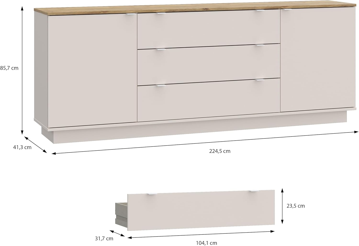 Forte GANYMEDE Sideboard 230, minimalistisches Sideboard, 2-türig, 3 Schubladen, Holzwerkstoff, Wohn-/Schlafzimmer, Mauvella Eiche Holzdekor|Kaschmirbeige, 224,5 cm breit x 85,7 cm hoch x 41,3 cm tief