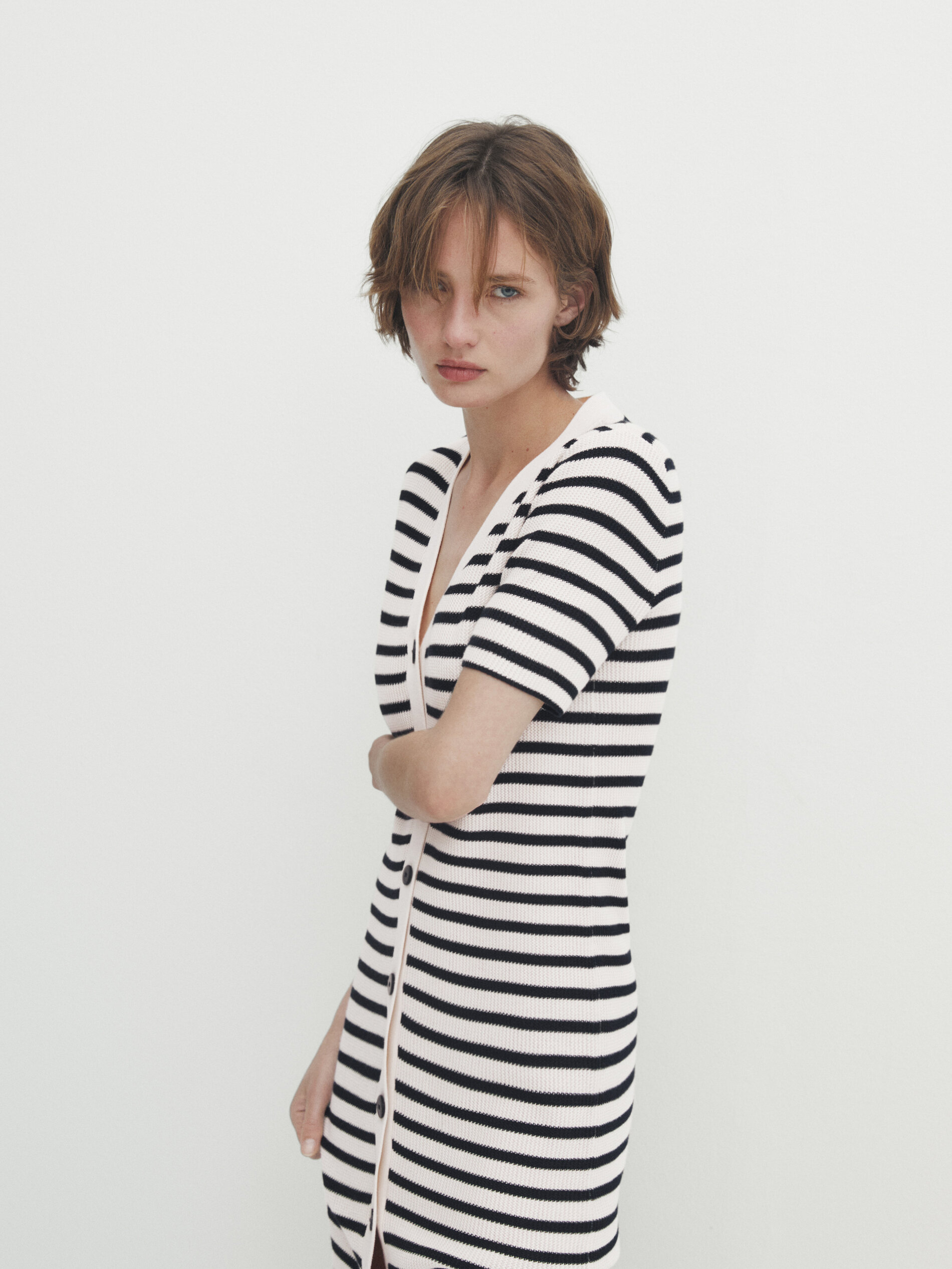 Vestido midi estruturado de algodão listrado - AZUL MARINHO