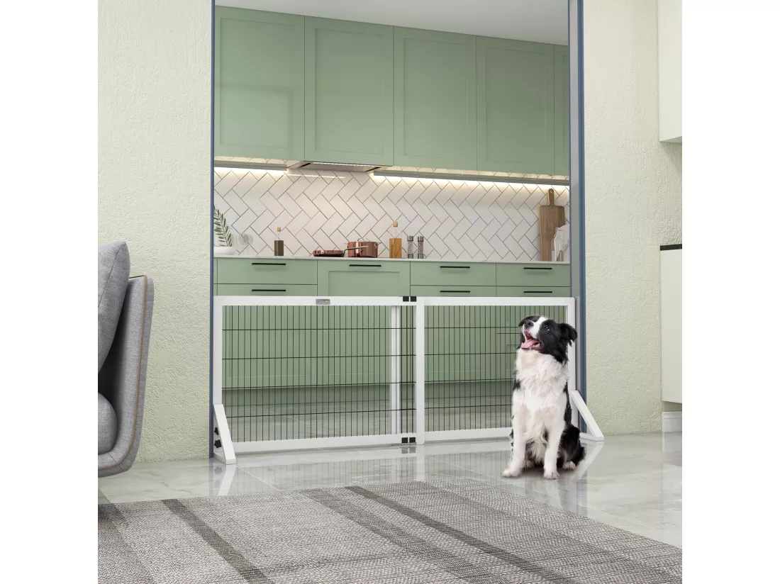 Barrière de sécurité pour chien barrière de protection à 2 panneaux largeur réglable 101-181 cm en bois acier blanc