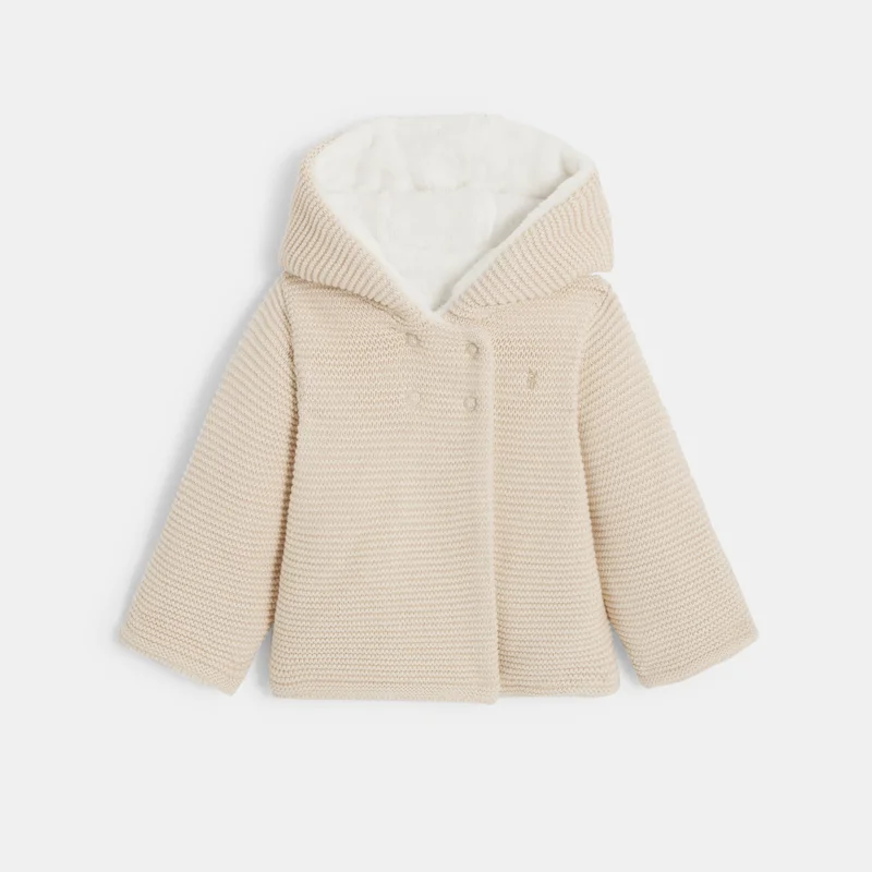 Veste chaude en maille doublée soft boa à capuche beige naissance Beige