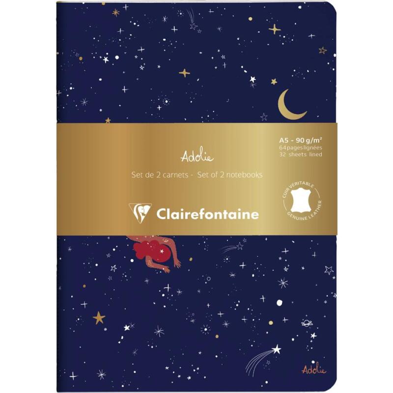 Adolie, Set de 2 carnets cousu fil A5 14,8x21 cm, 64 pages, ligné. Etoiles. 1 carnet couverture cuir + 1 carnet couverture carte imprimée, ass.