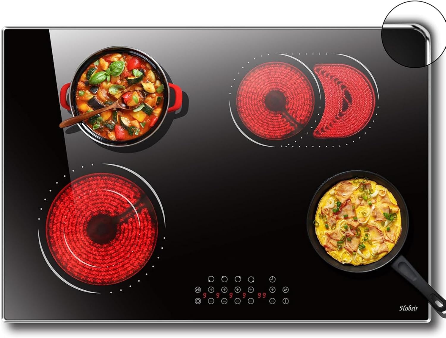 Glaskeramikkochfeld 4 Platten Kochfeld Autark 77 cm Glaskeramikkochfeld, Sensor-touch Control, 6600W, Doppelzone, Ovale Zone, 9 Leistungsstufe, Kindersicherung, Timer, Verkabelt, Kein Stecker