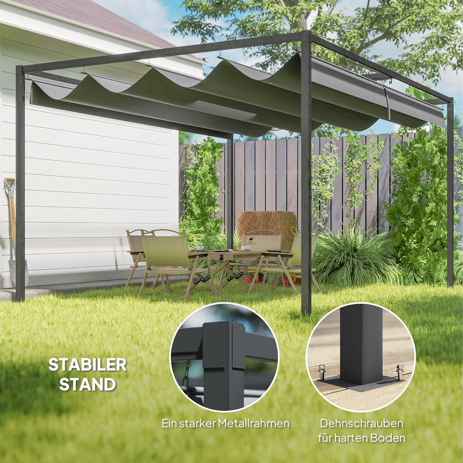 Outsunny Pergola 4x3m Garten Pavillon, Terrassendachung aus Stahl, Gartenpavillon mit verstellbares Dach, Freistehend, Sonnenschutz für Terrasse und Garten, Dunkelgrau
