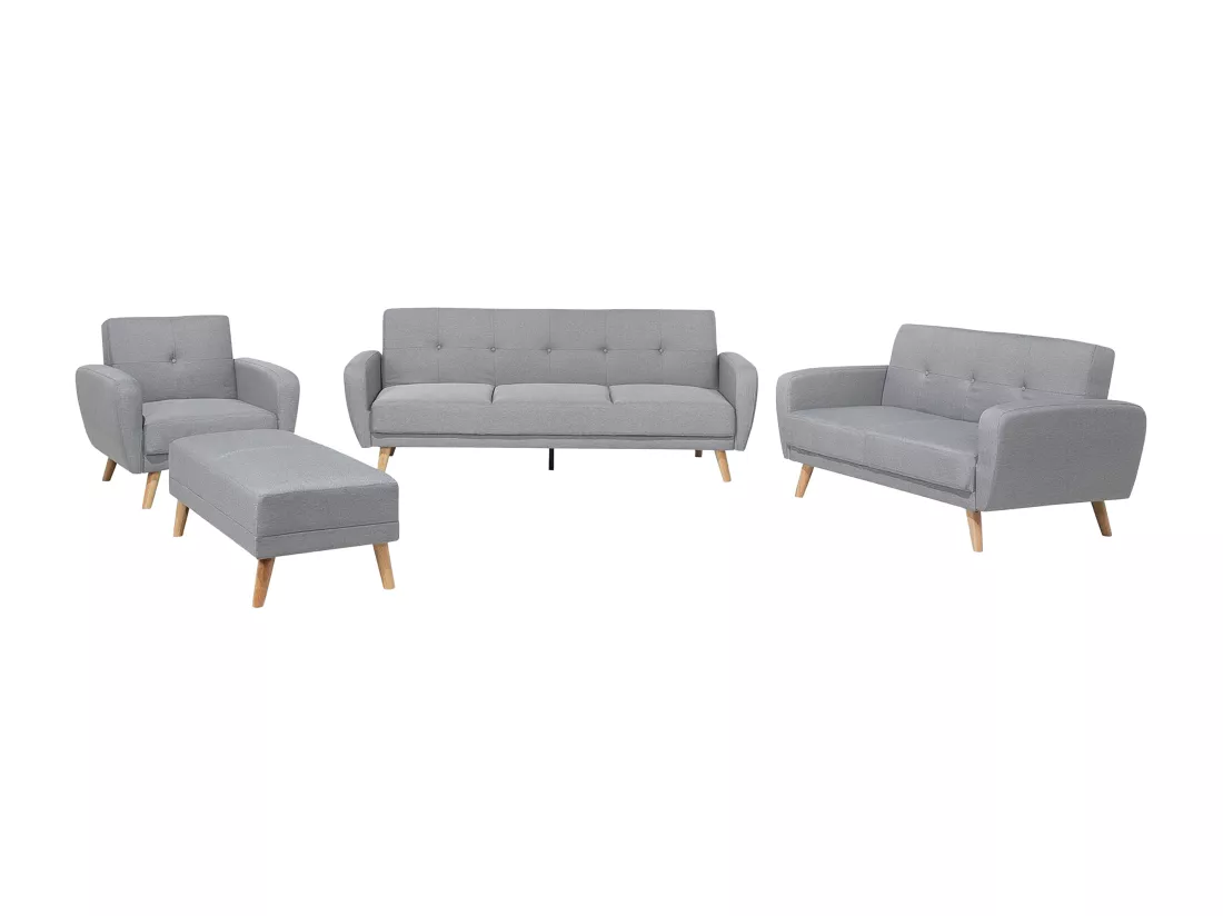 Ensemble canapés et fauteuil en tissu gris clair 6 places avec pouf FLORLI