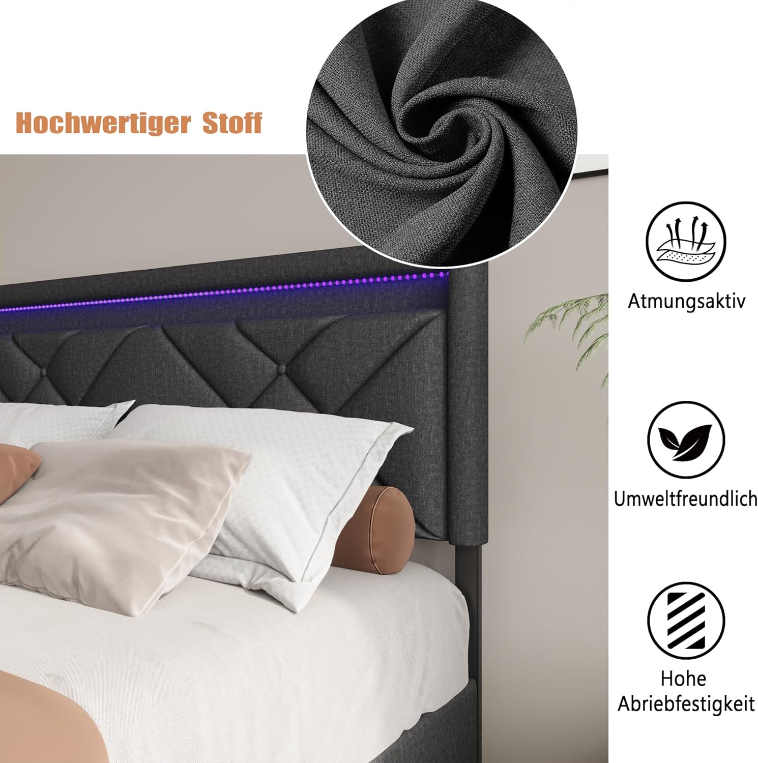 Doppelbett 160x200 cm, Polsterbett mit USB Ladefunktion und LED-Kopfteil, Bett mit 4 Schubladen, Verstellbar Kopfteil, Stauraumbetten, Funktionsbett, Leinenstoff, Ohne Matratze, Dunkelgrau