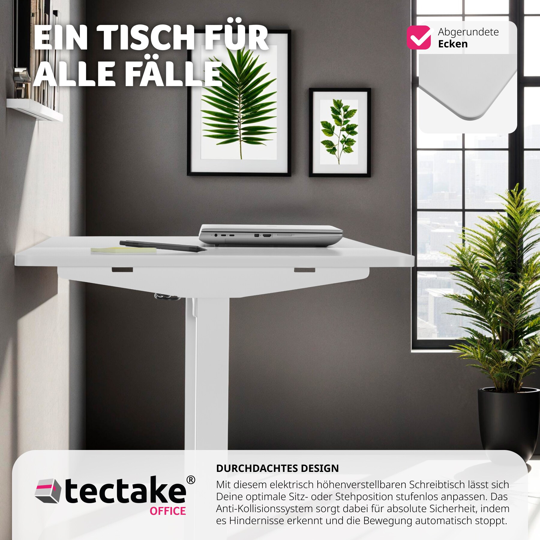 tectake® Elektrisch höhenverstellbarer Schreibtisch , stufenlos, leise, inklusive Kabelführungsblende und -haken, 120 x 60 x 73,5 - 118 cm