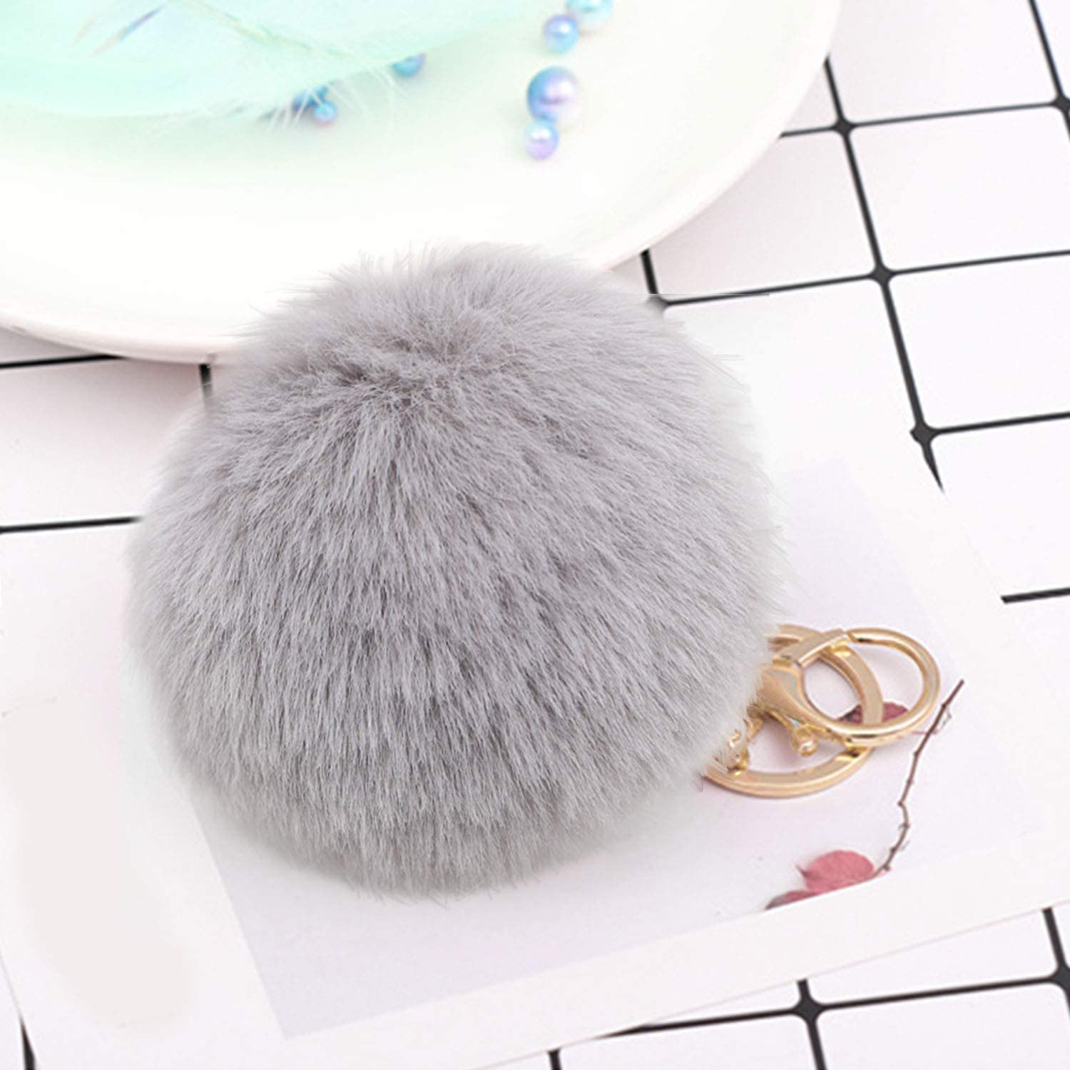 Pompom Schlüsselanhänger Handtaschen Accessoire mit Spaltring   Trigger Verschluss - Grau / Gold