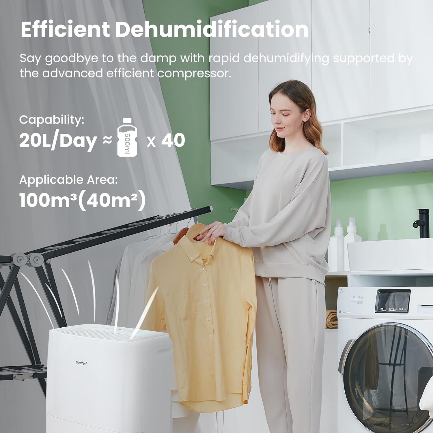 Comfee Déshumidificateur Connecté 20L/jour, 4 Modes, Deshumidificateur d air Silencieux, Sèche-Linge, Réservoir 3L, Pour pièce de 40㎡/100m³, MDDF-20DEN7-WF, Chambre, Garage, Fonctionne avec Alexa