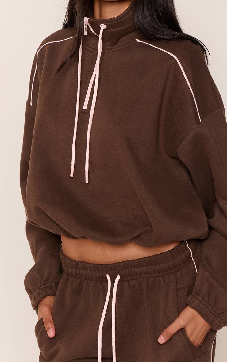 Chocolat Sweat-shirt Court À Cordon Contrasté Avec Zip Quart