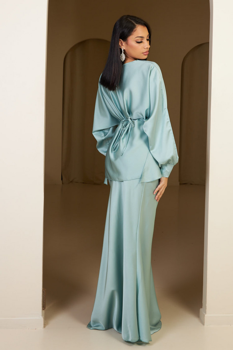 Ensemble 2 pièces top + jupe en satin turquoise