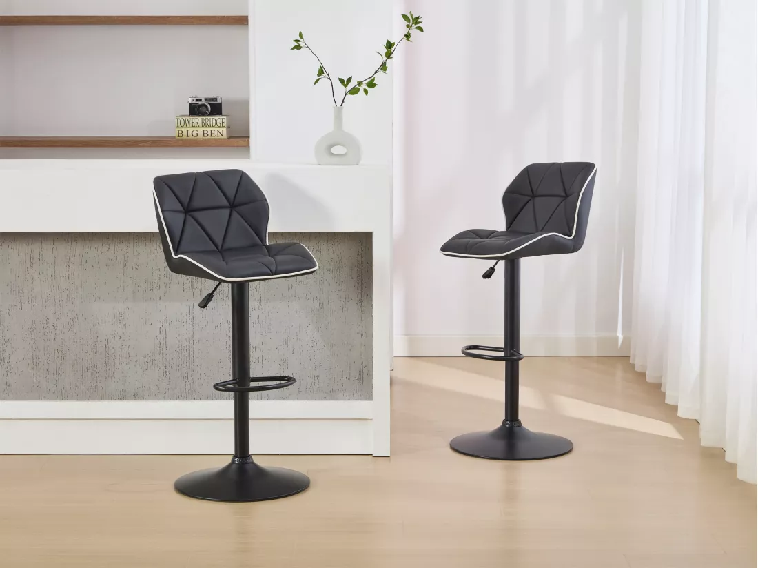 Lot de 2 tabourets de bar en simili et acier - Hauteur réglable - Noir - CALVIN
