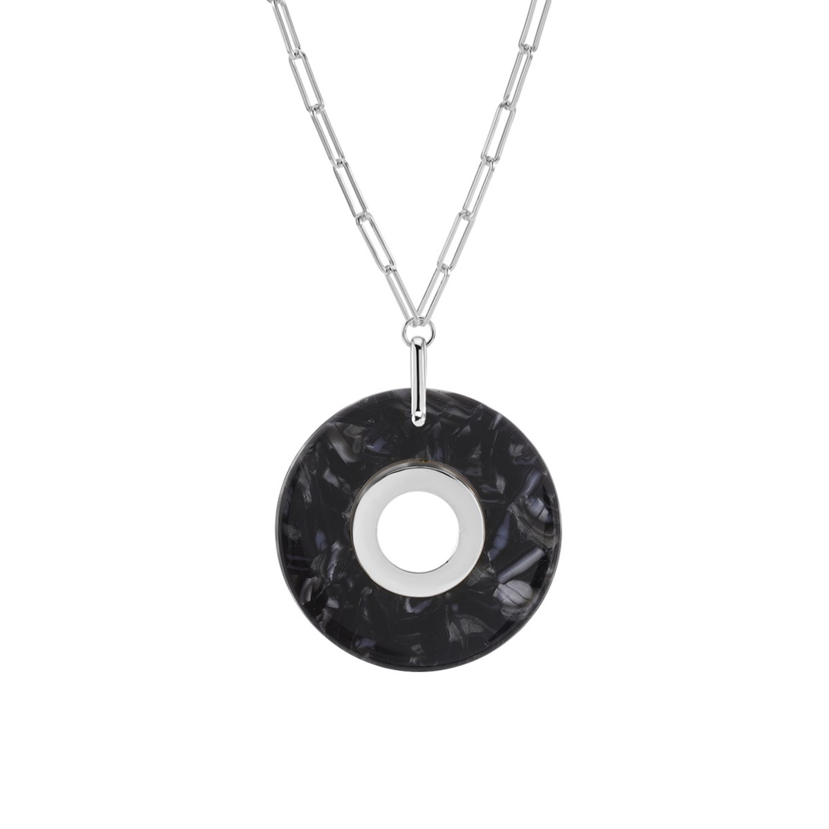 Collier En Argent Rhodié Et Pendentif Rond En Acétate Noire