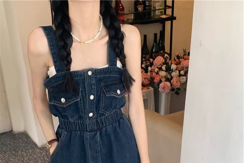 Wildfoea - Mouwloze denim romper met effen zakdetail