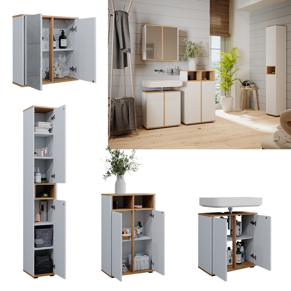 Vicco Badmöbel-Set Didi Weiß Eiche 4 Teile Hochschrank Midischrank mit 2 Türen