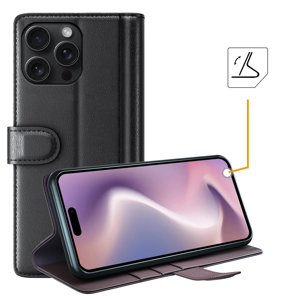 iPhone 16 Pro Echtleder Tasche Flip Cover mit Kartenfächer - Schwarz