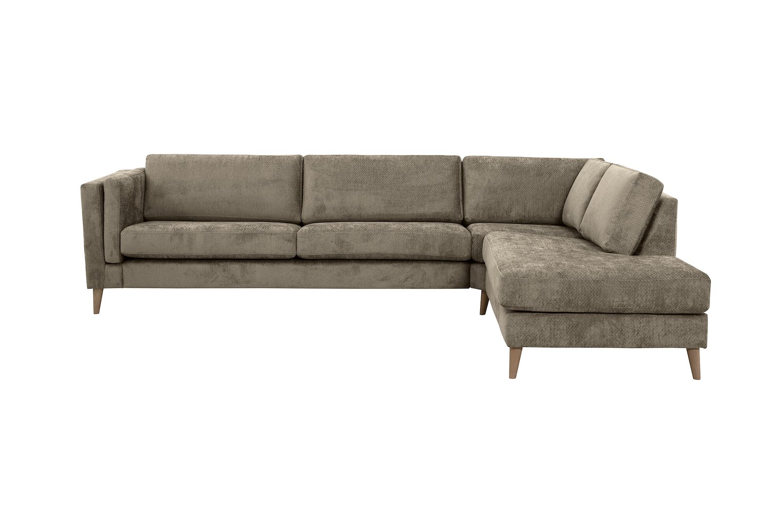 Edda hjørnesofa 3 seter med åpen ende høyre. Tekstil Movie 13/1 Light Khaki, ben 8, armlen G.