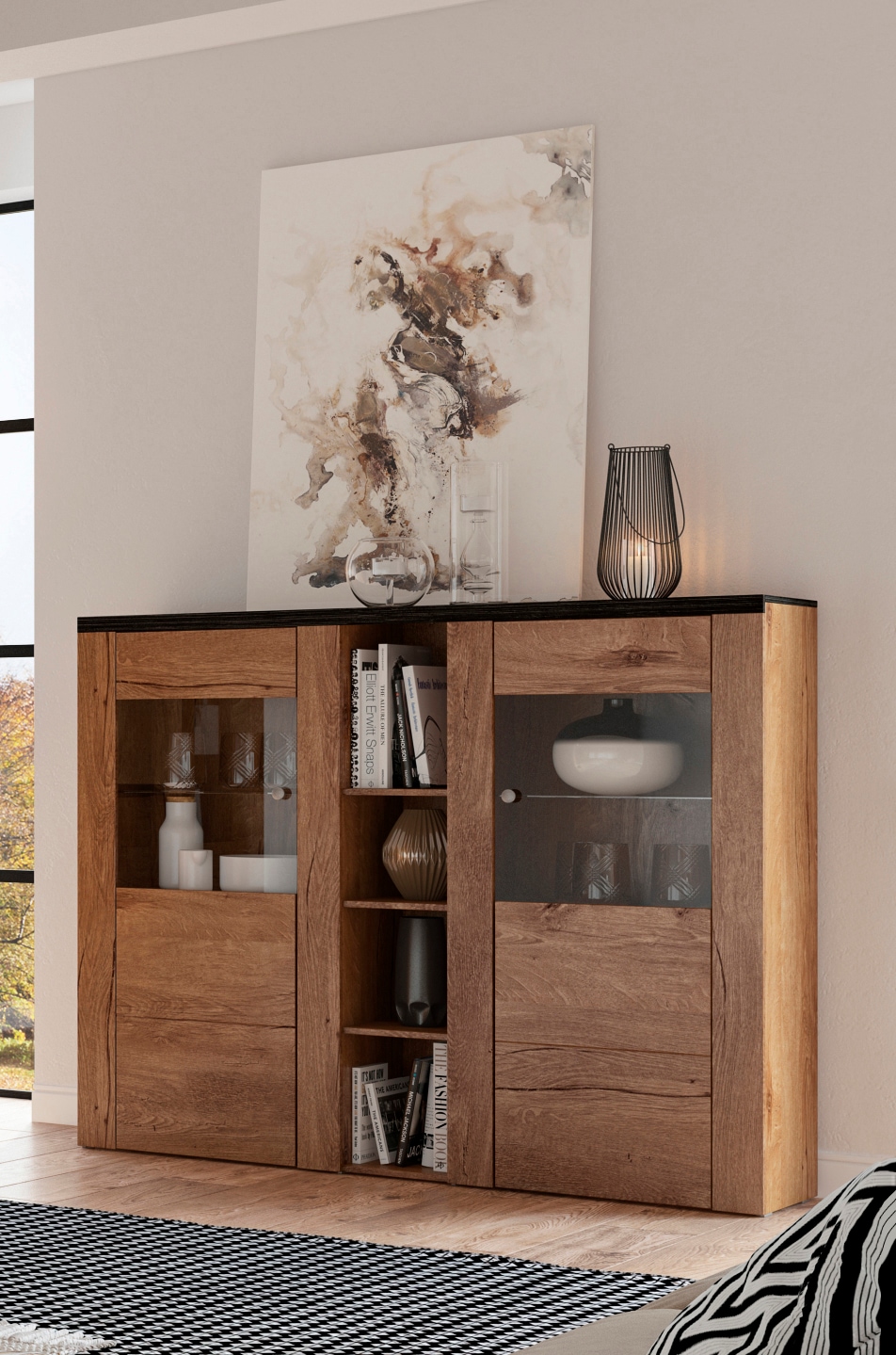 Home affaire Highboard »Larona, zeitlose Hochkommode mit 2 Türen, Türkommode, Höhe 129,5 cm,« Anrichte mit dekorative Rahmenoptik, Türen mit Glaseinsatz