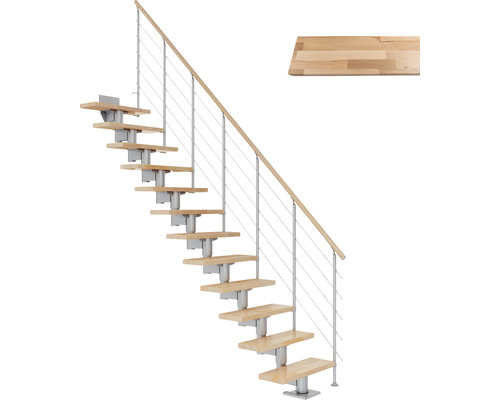Pertura Chiron middentrap, parelgrijs, recht, 75 cm, leuning van gelamineerd beukenhout, gelakt, 11 treden / 12 stootborden