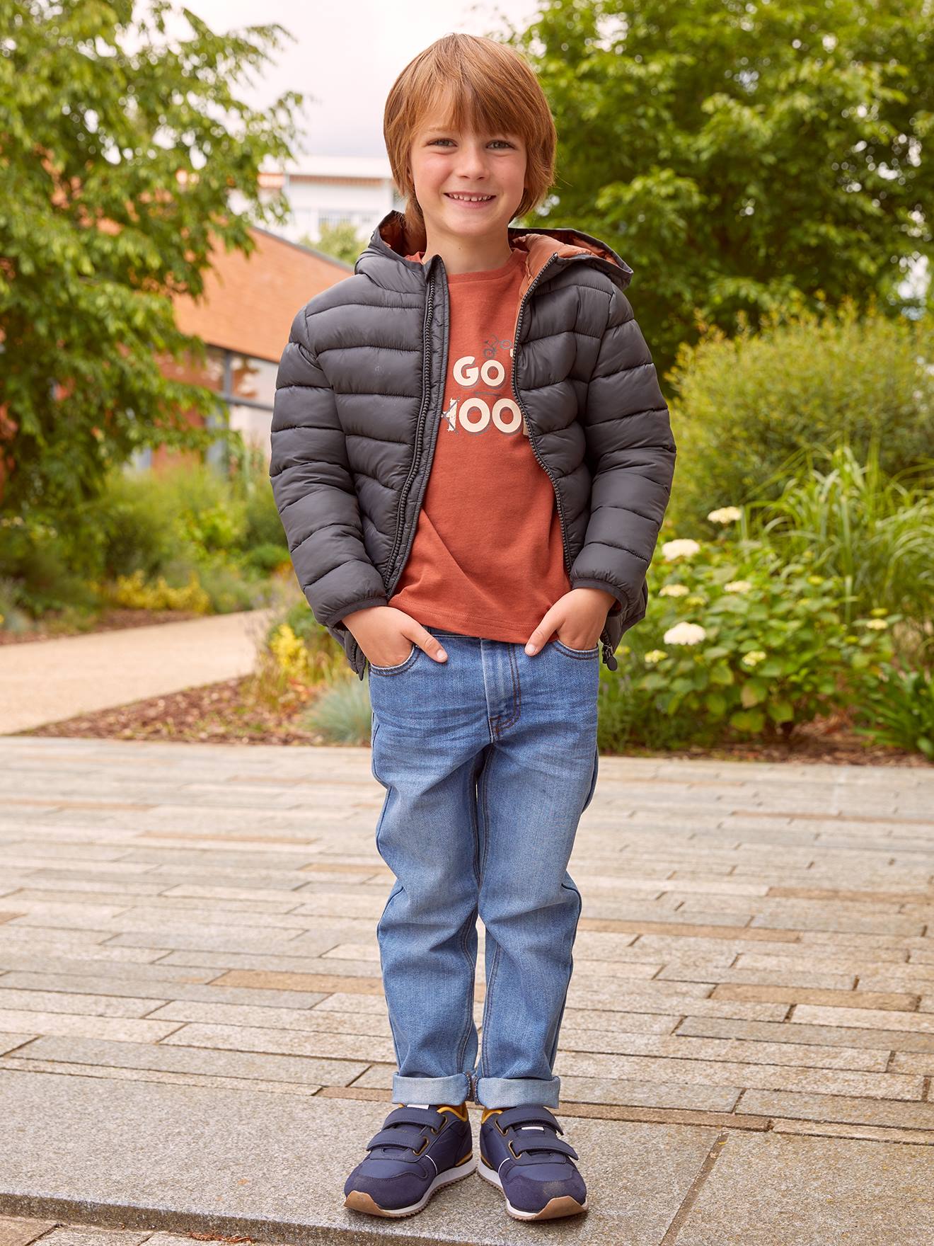 Calça jeans reta indestrutível para meninos, azul escuro liso