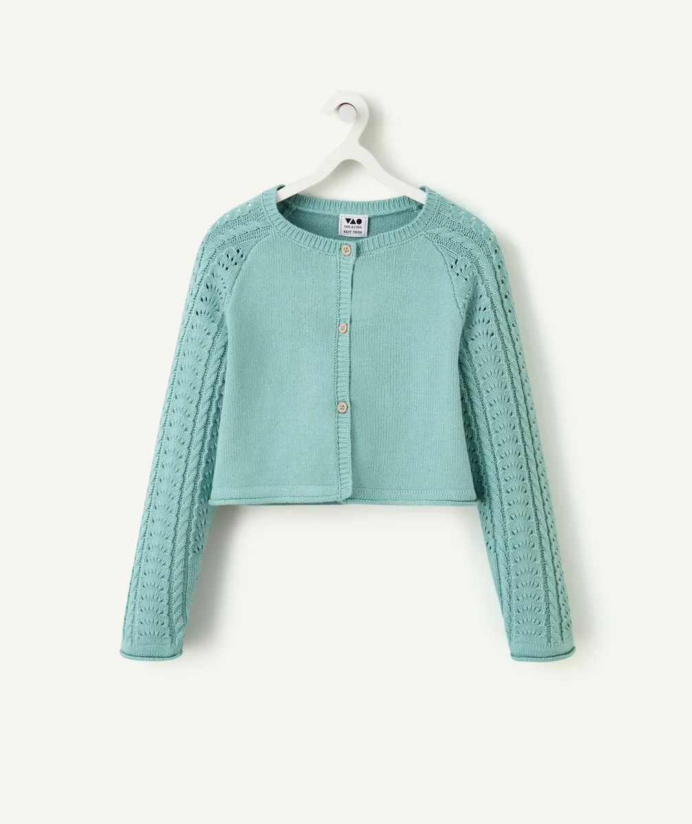 gilet tricot fille vert avec manches en crochet