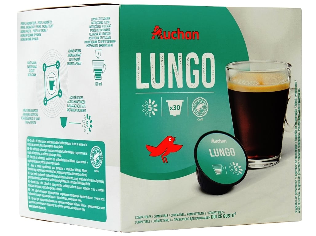 CÁPSULAS AUCHAN CAFÉ COMPATÍVEL DOLCE GUSTO LUNGO 30UN