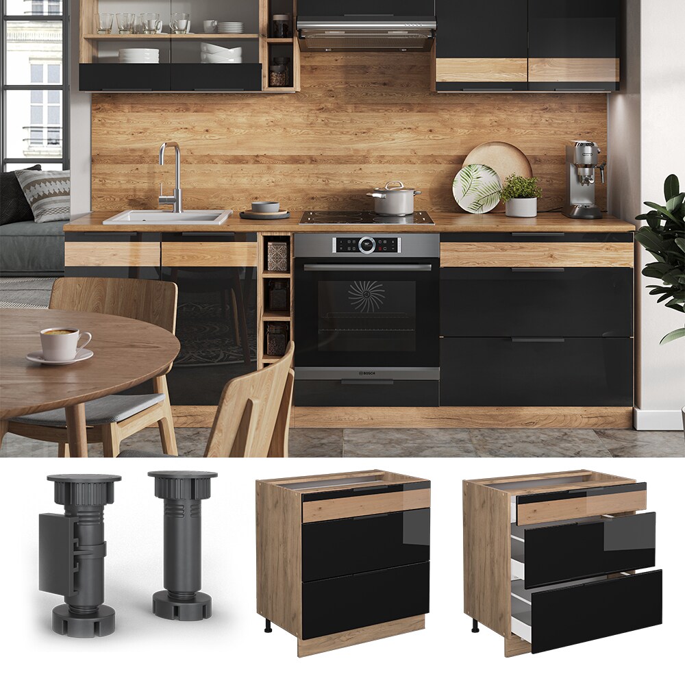 Vicco Schubladenunterschrank Küchenschrank Küchenmöbel Fame-Line Eiche Schwarz 80 cm modern Hochglanz