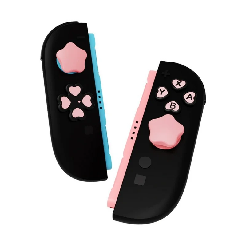 (7er Set) Silikon Joystick Caps und Button Sticker Aufkleber für Nintendo Switch 2 Controller - Pink / Schwarz