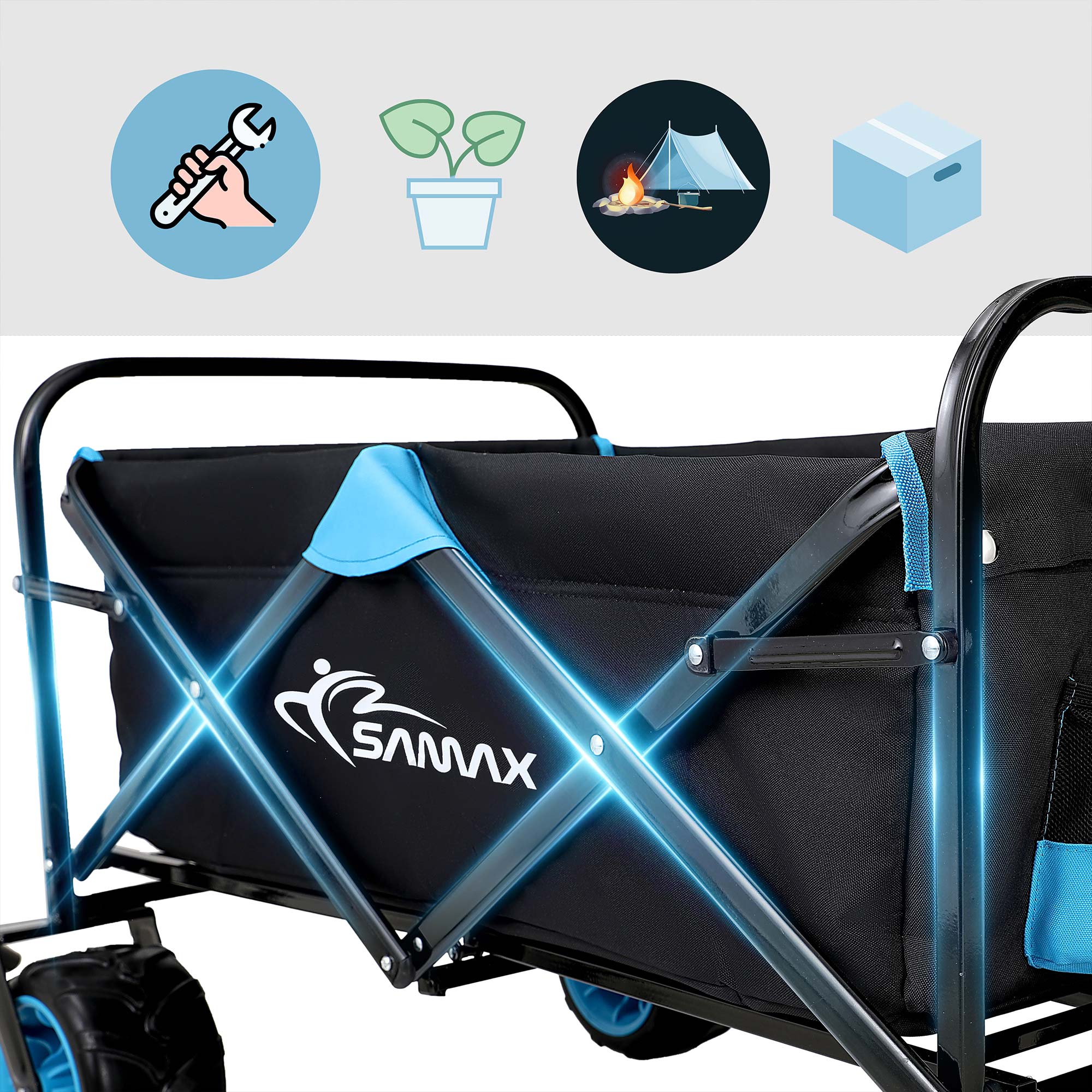 SAMAX Faltbarer Bollerwagen Offroad Camping Edition bis 200 kg - Schwarz / Blau
