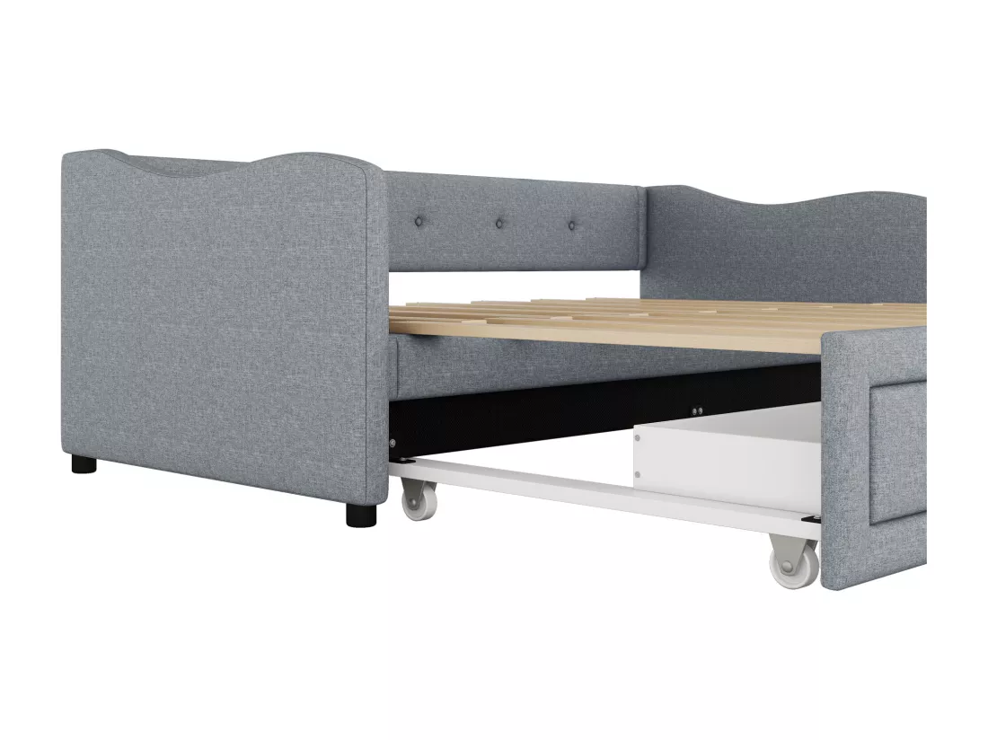 Lit gigogne 90/180x200cm avec 2 tiroirs - tissu en lin - Gris (matelas non inclus)