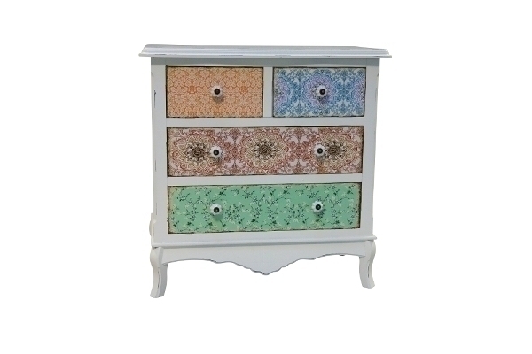 Kommode Paisley - shabby chic - weiß-bunt - mit 4 Schubladen