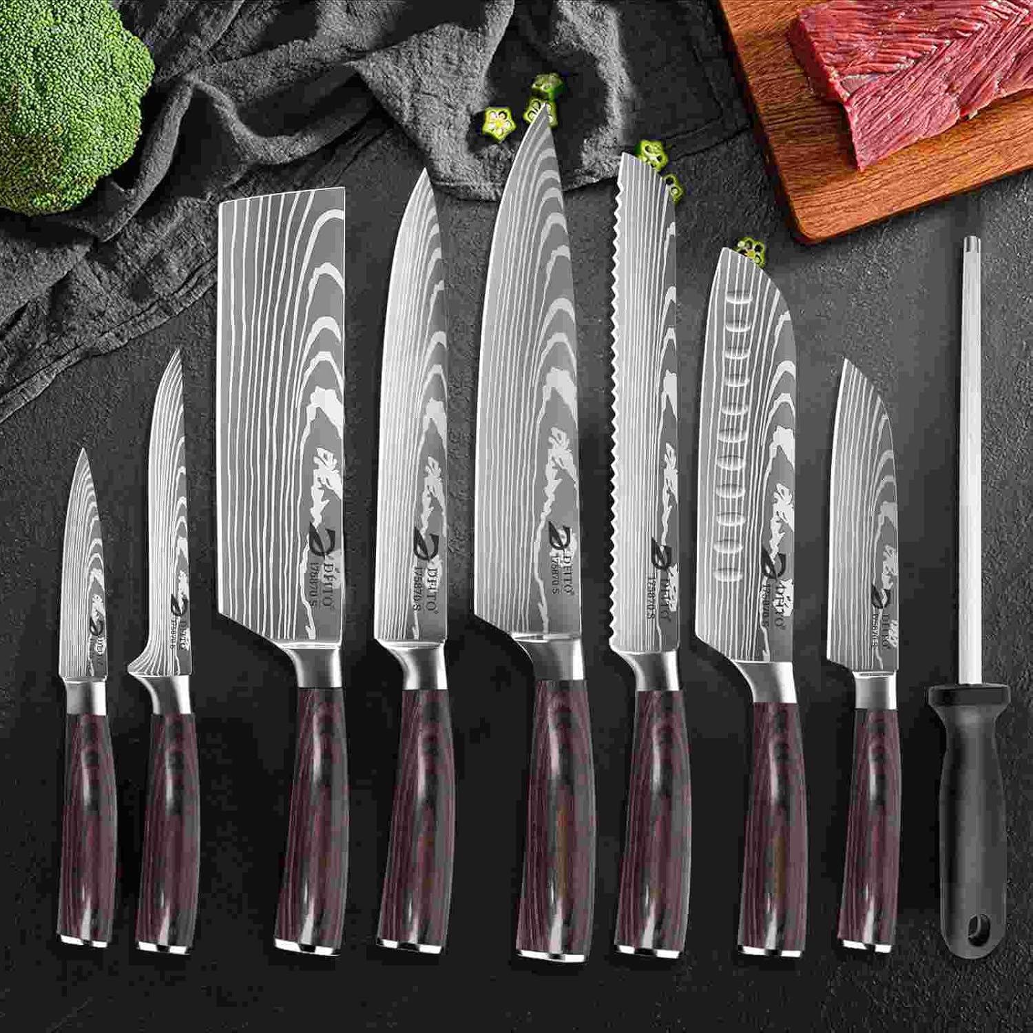 Dfito Küchenmesser Set mit Rolltasche, 8-teiliges professionelles Messerset, High Carbon Edelstahl Küchenchef Messerset, Extrem Scharf Profi Kochmesser Set
