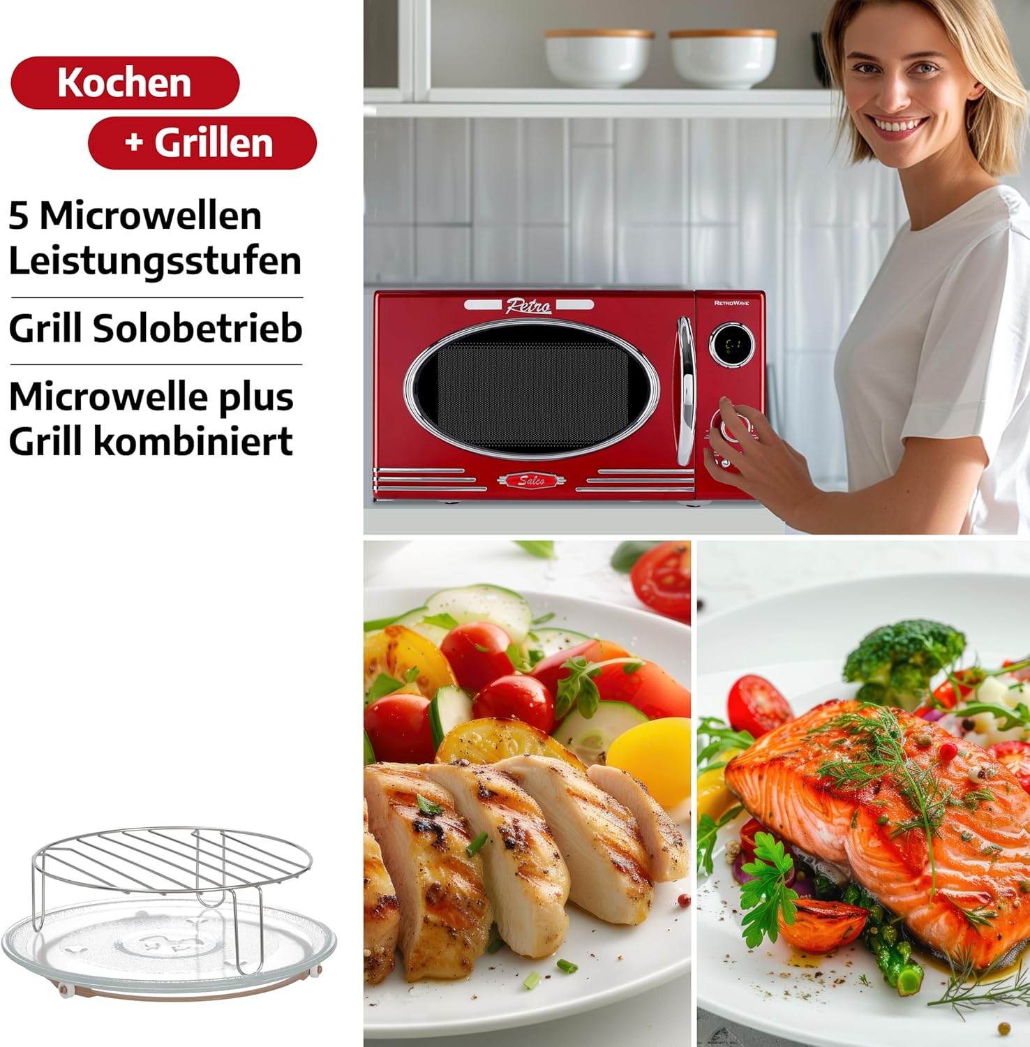 Salco Mikrowelle 2 in 1 – Retro-Style mit Grillfunktion - 23 l Garraum, metallic-rot, 900 W - 12 Funktionen inkl. Auftauen, Grillen & Wärmen, Express-Funktion - inkl. Drehteller & Grillaufsatz