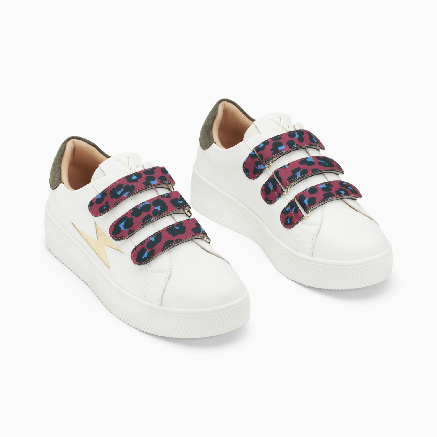Sneakers-Baskets éclair Noura blanc et or à scratchs léopard