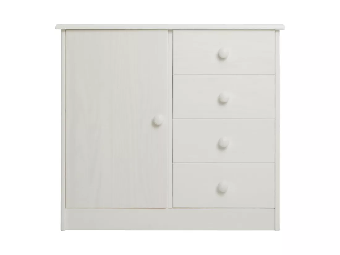 Commode en pin massif blanc RONDO buffet meuble de rangement avec 4 tiroirs et une porte