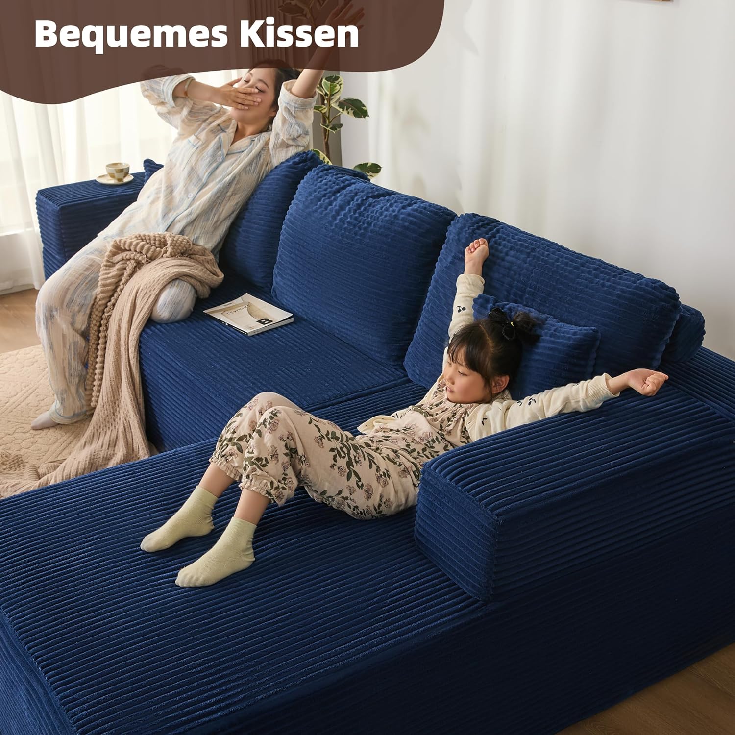 Modulares L-förmiges Ecksofa mit Schlaffunktion – rahmenloses Schlafsofa mit Chaiselongue rechts, extra tiefer Sitzfläche, montagefrei, für Wohnzimmer,Navyblau