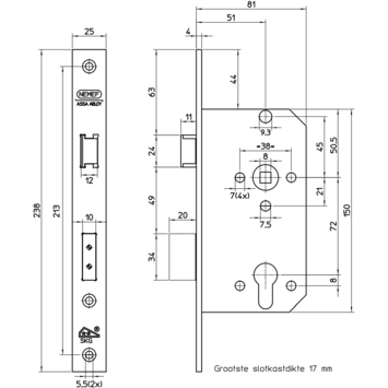 NEMEF veiligheidsslot met sluitkom SKG 2-sterren Doorn 50mm PC 72mm