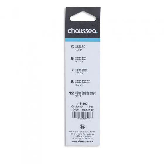 Lacets cordonnet 120 cm noirs CHAUSSEA