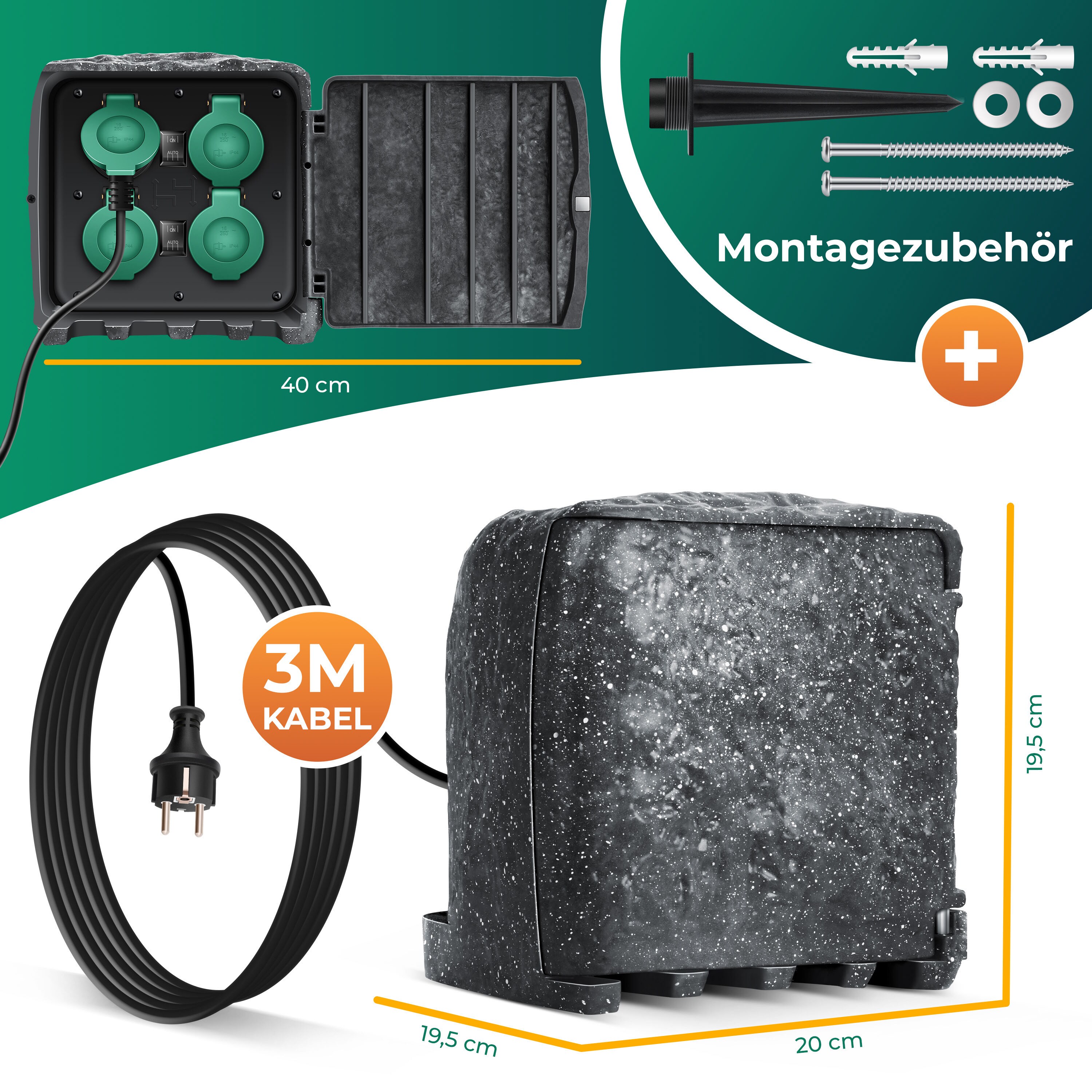 KESSER® Gartensteckdose Steinoptik mit 4 Steckplätzen Inkl.Erdspieß, Mehrfachsteckdosen aussen mit 3m Verlängerungskabel Außensteckdose IP44 Wasserdicht Steinsteckdose mit ON/Auto Dämmerungssensor
