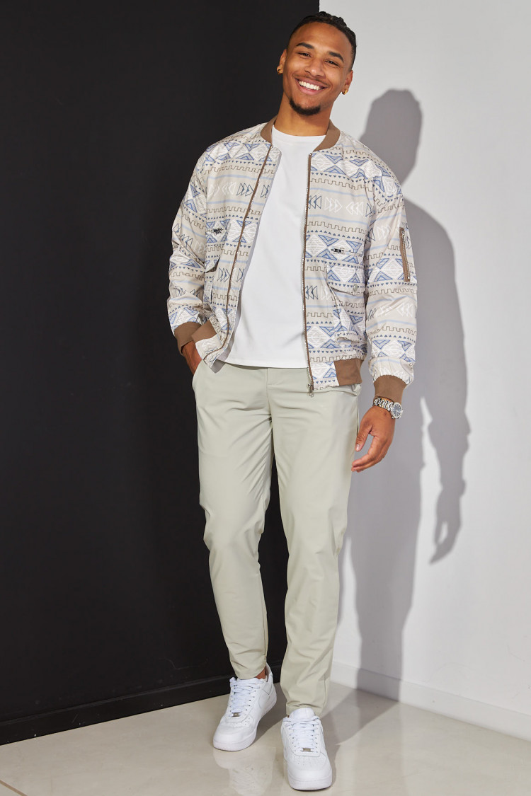 Bomber beige à motif aztèque tricolore