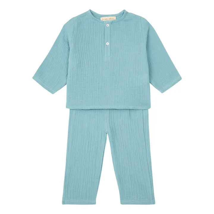 La Petite Collection Pyjama Gaze de Coton Bio Top + Pantalon | Vert d'eau