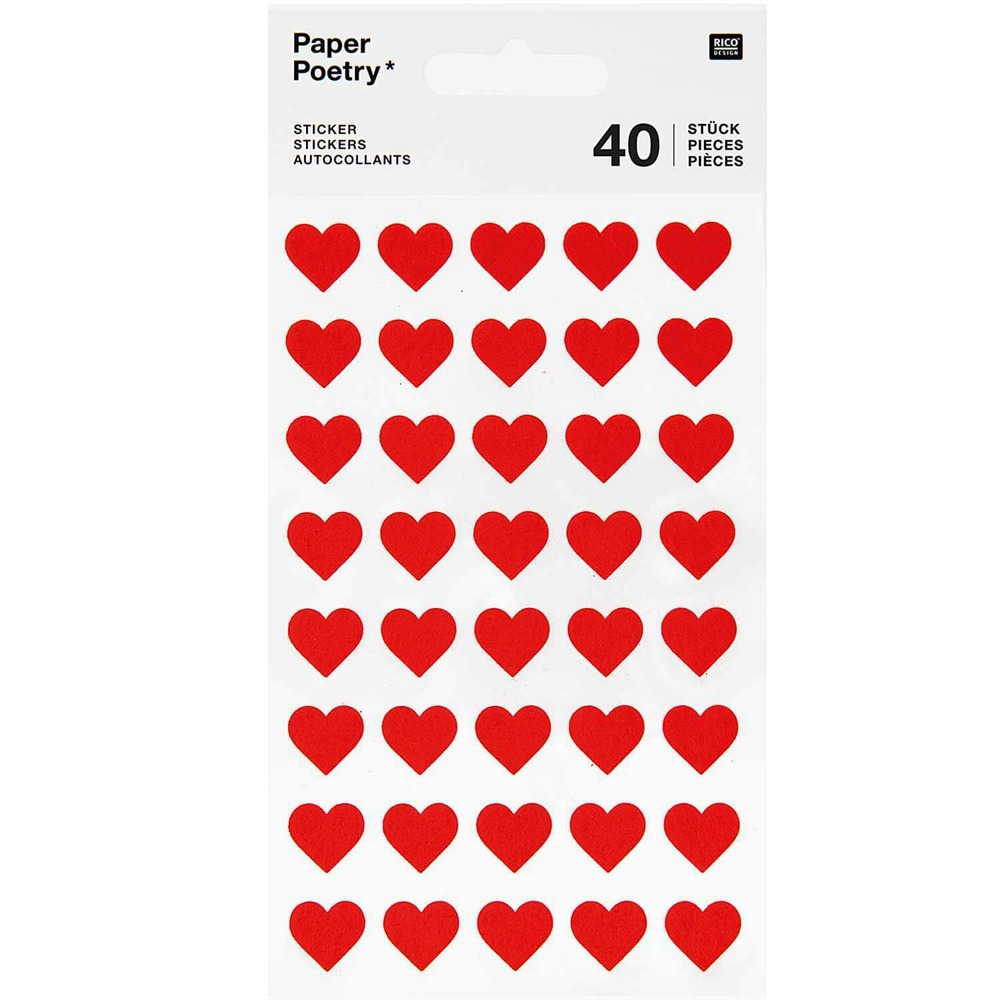 40 autocollants cœur - rouge - effet feutre